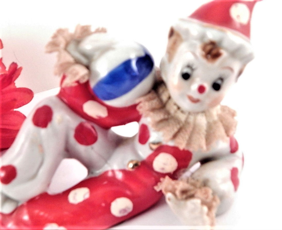 Thumbnail: clown, figurine, tramp, hobo, polka dot, red, boy clown, vintage, porcelain, porcelain lace, wales japan, wales china clown,