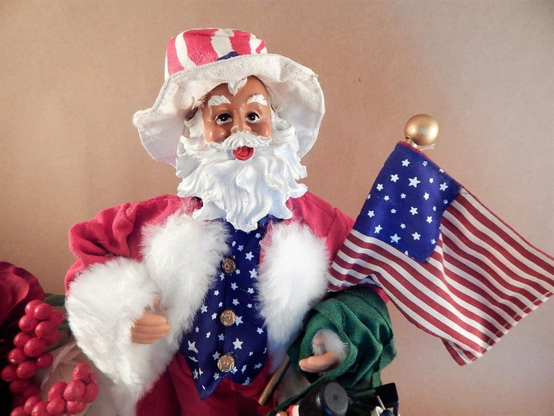 Thumbnail: Santa Claus Figurine Music Box Plays Stars and Stripes Forever Patriotic USA Americana Vintage 1990s Collectible Christmas De