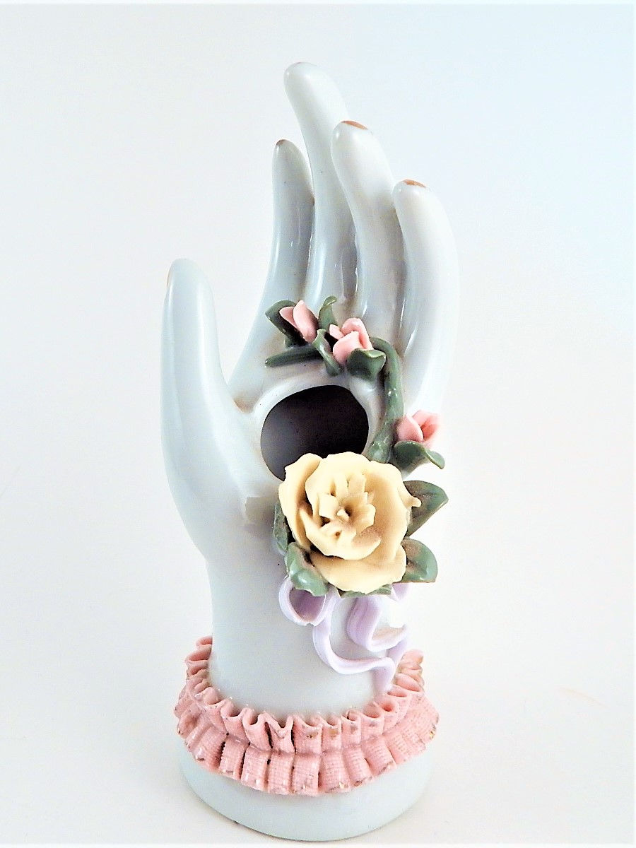 Thumbnail: Front View Photograph of a Porcelain Jewelry Keeper Hand Ring Tree Hatpin Holder Vintage 1950s Boudoir Decor