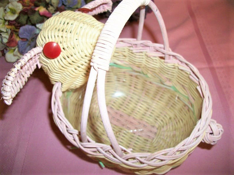 Thumbnail: vintage home decor, easter basket, bunny rabbit, egg hunt basket, toddler basket, baby basket, pink bunny, wicker rattan, pas