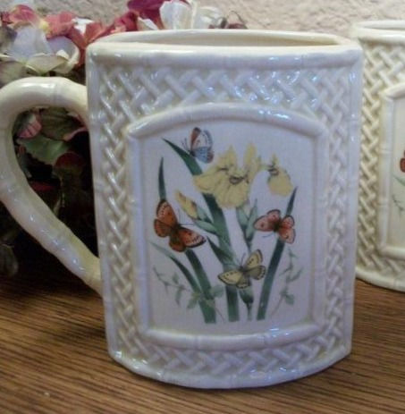 Thumbnail: Coffee Mugs Set of Two Beige Butterflies and Flowers Ceramic Beverage Serving Cups Vintage Butterfly Garden Trellis Tableware