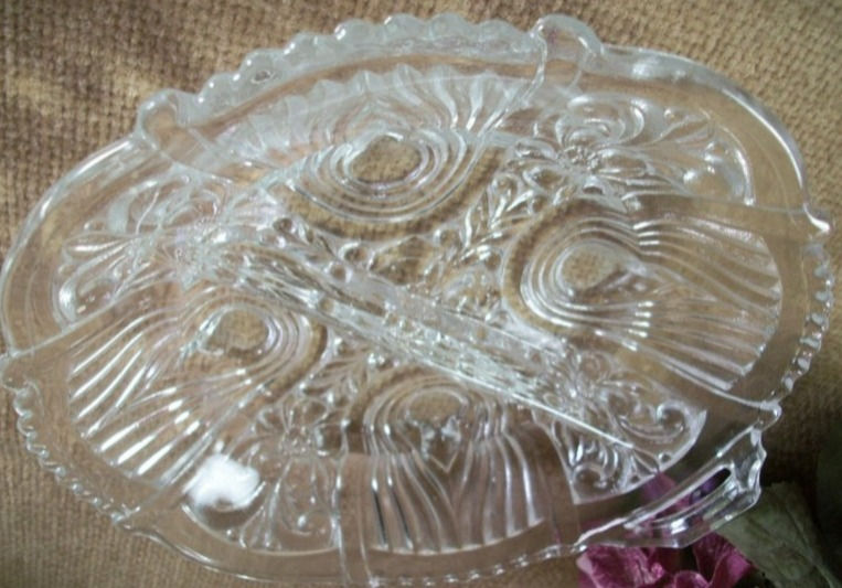 Thumbnail: Divided Serving Dish Vintage 1930s Indiana Glass Bowl Killarney Pattern Tray