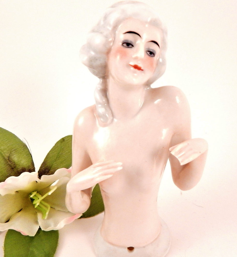 섬네일: Porcelain Half Doll Antique 1920s Pin Cushion Doll Body Exquisite Graceful Nude Art Deco Fine Porcelain Boudoir Decor