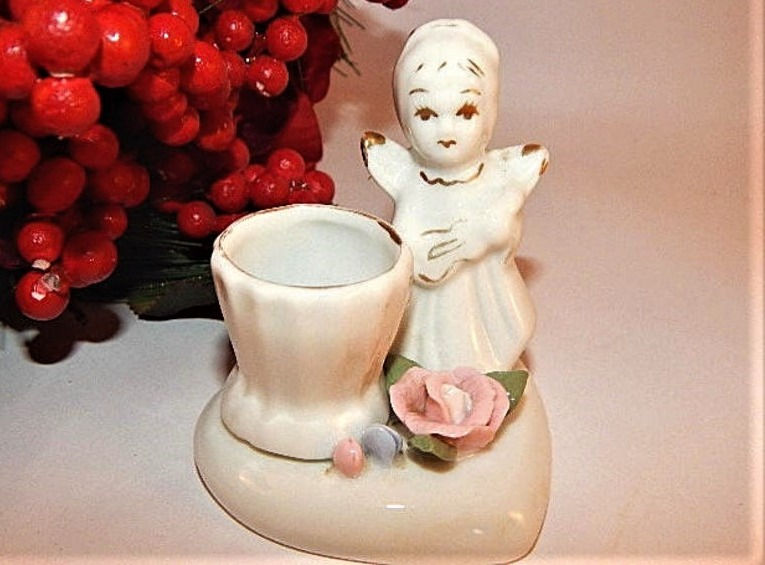 Thumbnail: Candle Holder Angel Figurine Taper Candlestick Cup White Porcelain Pink Flora