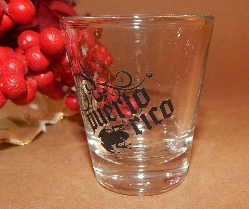 Miniature : Shot Glass, Puerto Rico, Rum, Pitorro Serving Cup, 1 Oz Liquor Shot, Clear Glass, Black, Heat Bonded Transfer, Travel Souveni