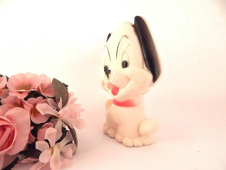 Miniatura: Squeak Toy Puppy White and Black Rubber Dog by Baby Joy Vintage 1965 Baby Boomer Collectible Toy Animal