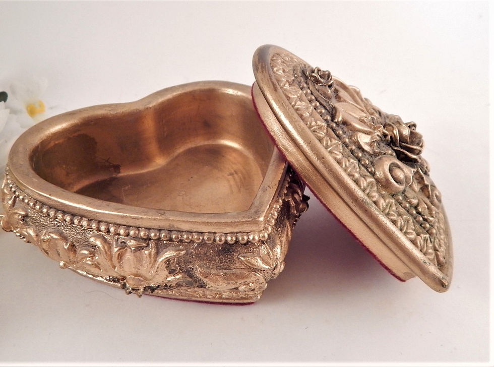 Thumbnail: Photograph of a vintage heart staped floral empobbers ring dish, trinket holder, jewelry box from A Vintage Addiction.