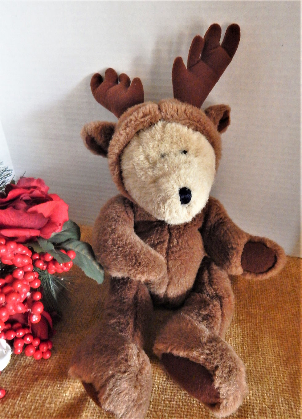 Thumbnail: Photograph of a teddy bear dressed as a reindeer, a vintage Christmas toy decoration from A Vintage Addiction