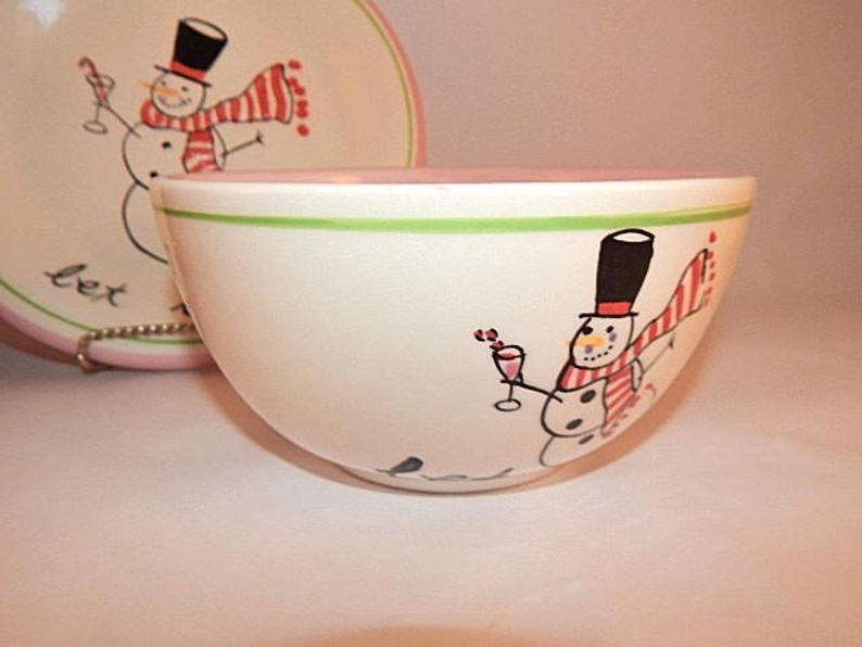 الصورة المصغرة: Let it Snow Champagne Toasting Snowman Plate and Bowl Rare Mary Kobar Tableware Christmas Collectible by Wendover Lane