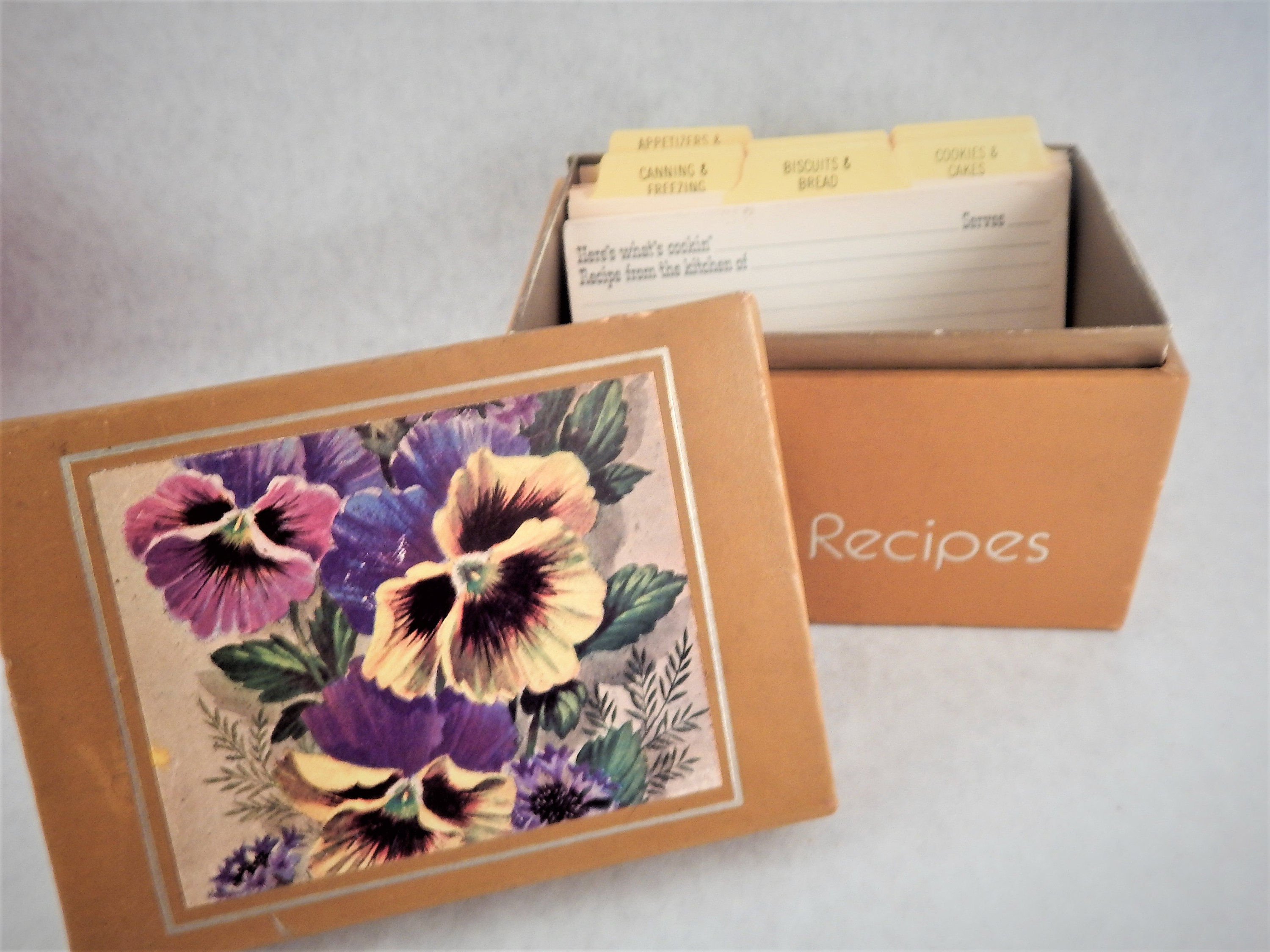 Recipe Card Box Purple Pansy Flowers Index Card Holder Gold Vinyl Vintage Kitchen