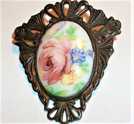Thumbnail: Victorian Brooch Antique 1940s Pin Filigree Metal Oval Porcelain Transferware Cabochon Yellow Blue Floral Pink Rose Jewelry