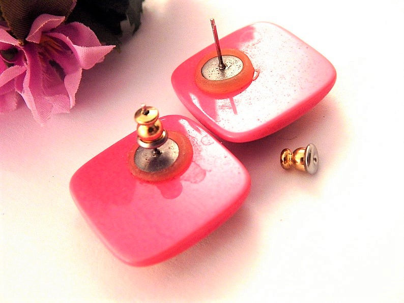 Thumbnail: Pink Purple and Gold Square Earrings Mod Vintage Jewelry 1980s Fashion Pierced Ear Earrings