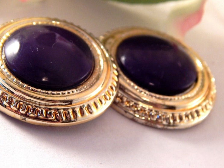 Thumbnail: Dome Earrings Big Round Gold and Purple Vintage 1980s Fashion Jewelry Earrings for Pierced Ears