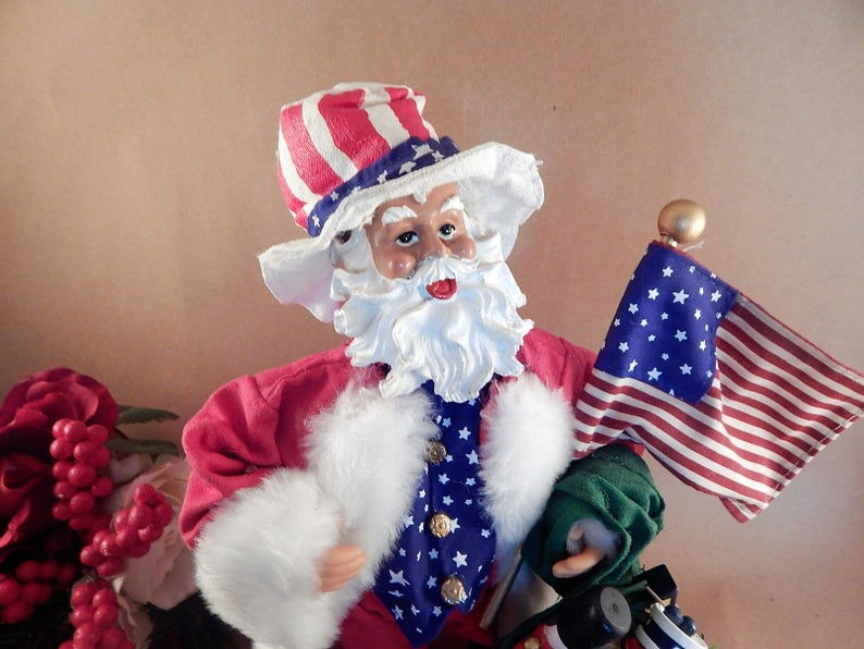 Thumbnail: Santa Claus Figurine Music Box Plays Stars and Stripes Forever Patriotic USA Americana Vintage 1990s Collectible Christmas De