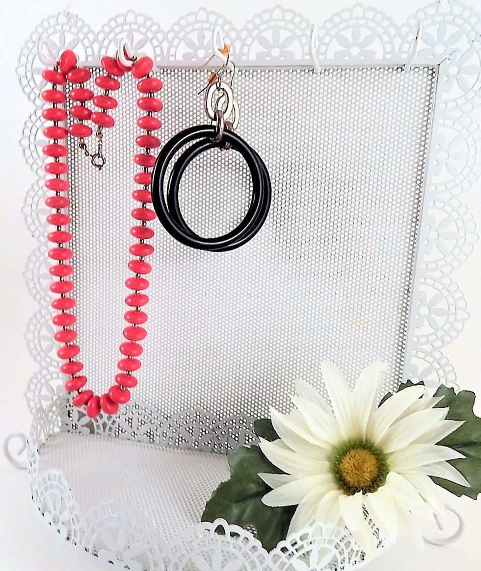 Thumbnail: Jewelry Storage Rack Earring Organizer Necklace Hooks Dresser Top Accessory Tray Wall Hanging Scalloped Edge Filigree White M