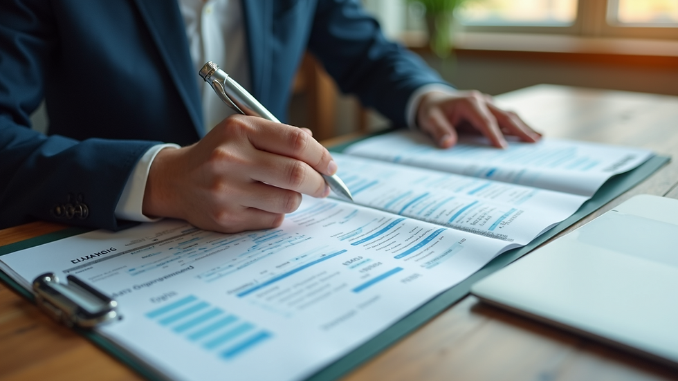 Eye-level view of a person reviewing financial documents