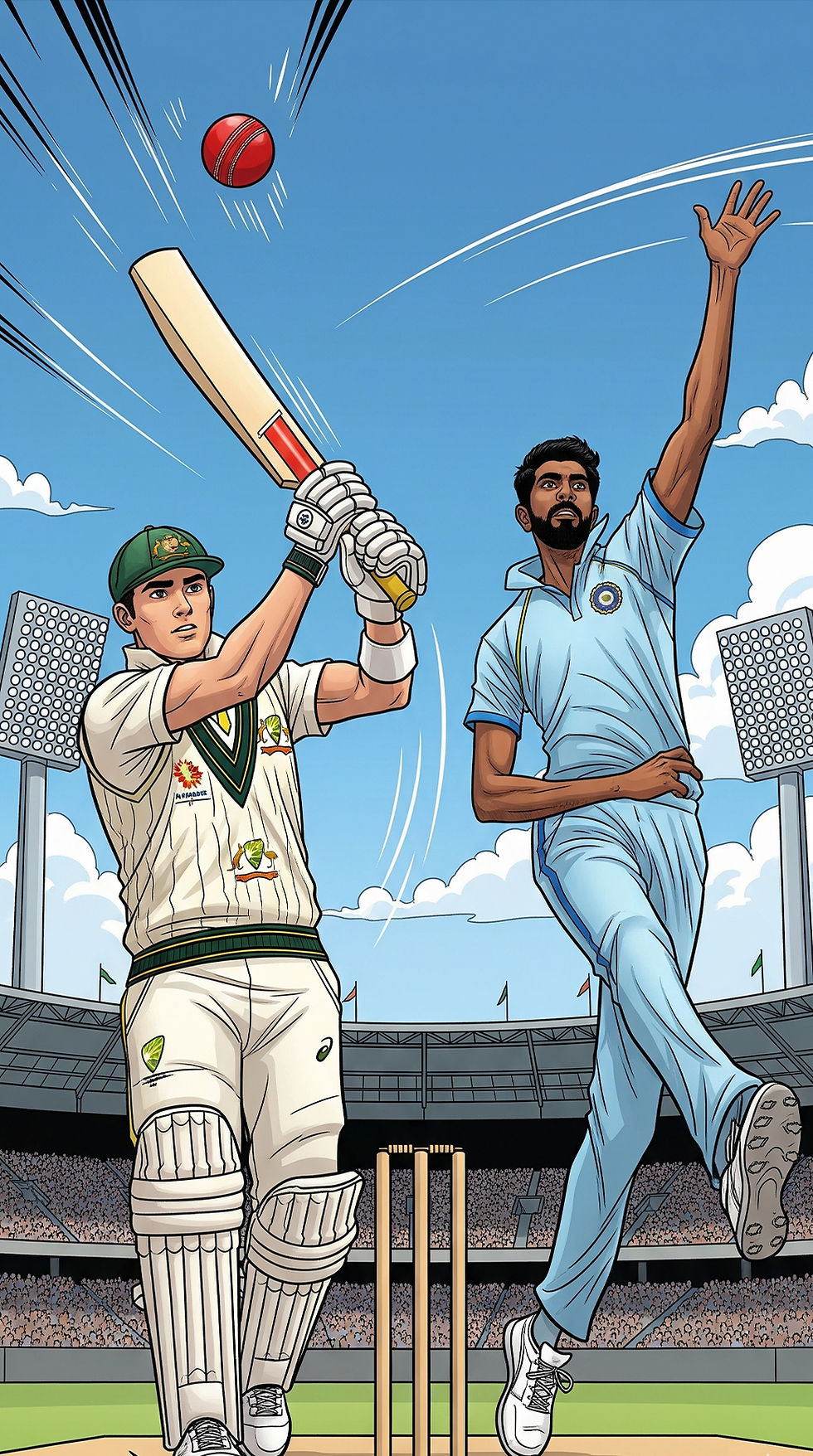 Cricketer in white bats as bowler in blue delivers ball in a stadium under clear sky. Crowd and floodlights visible in the background.