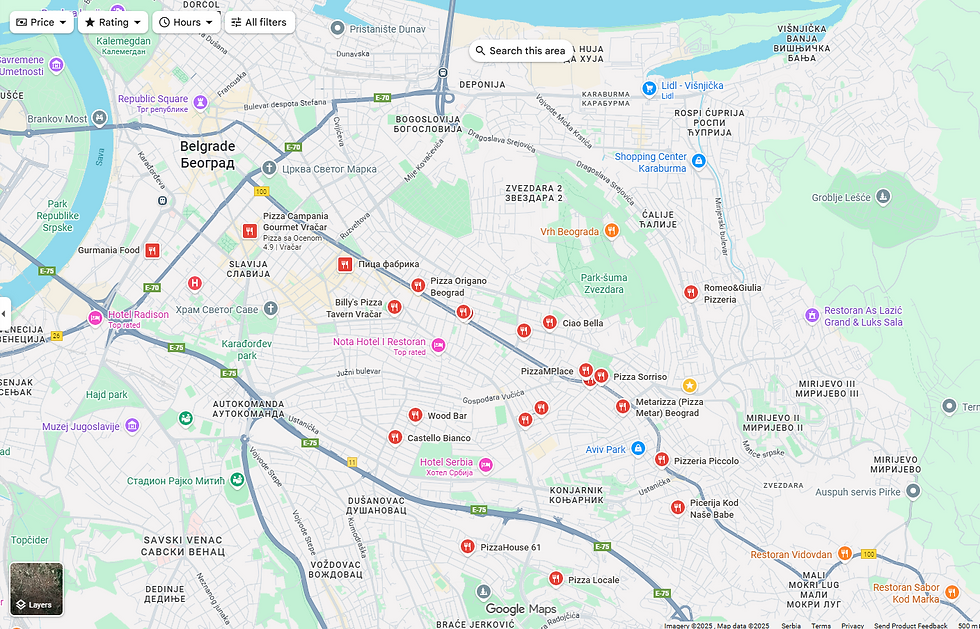Lokalni SEO → Google maps - pregled mape Beograda za traženi pojam 'Pizza'
