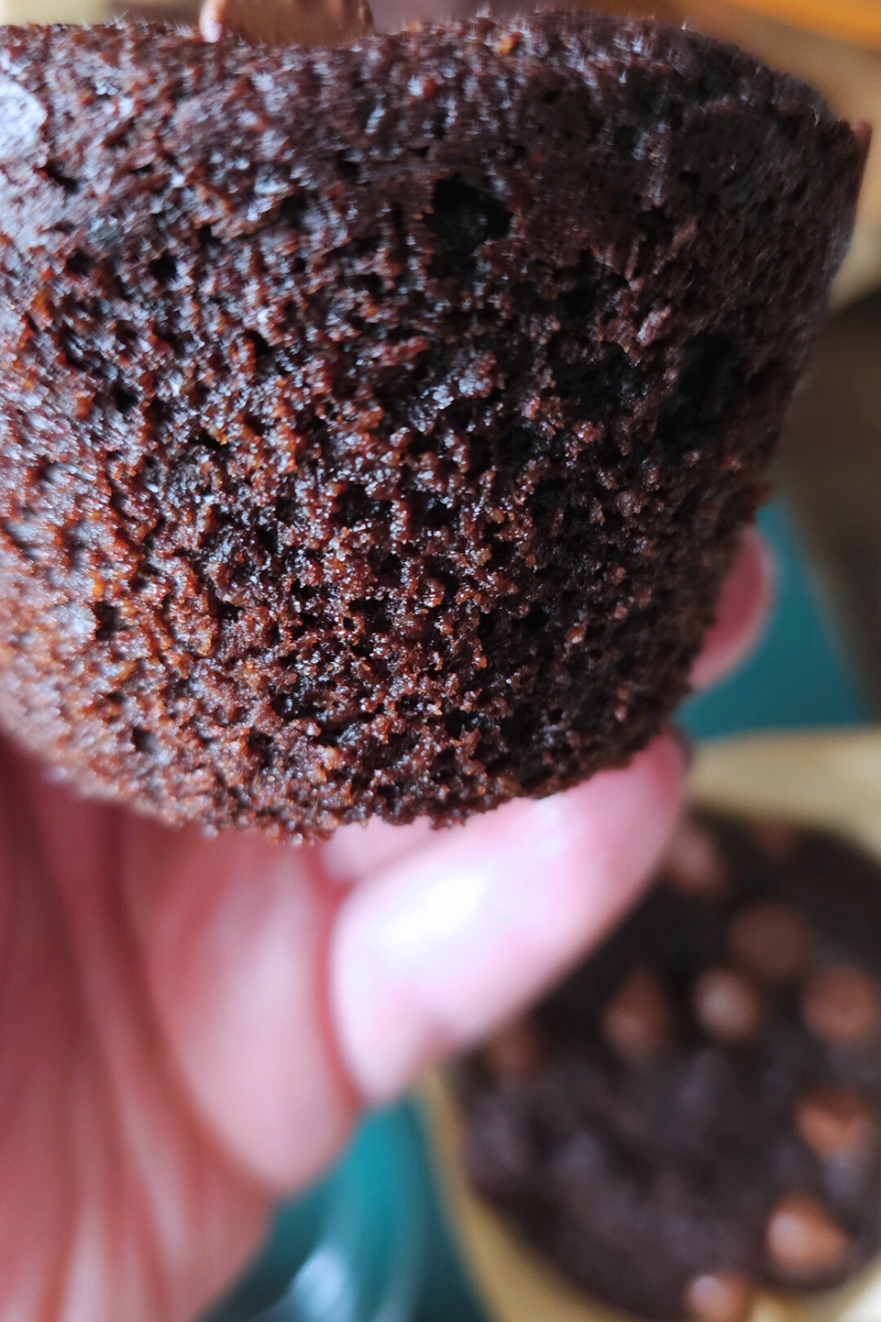 Close-up of a chocolate muffin held in a hand. Dark brown texture with a blurred background showing another muffin. Soft lighting.