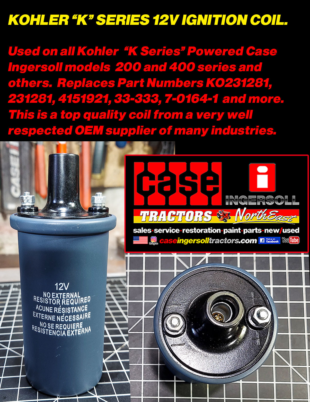 231281Kohler 'K' Series 12V Ignition Coil, 231281S, 32080, AM38411