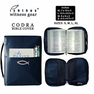 Thumbnail: Bible Cover Codra (BCC), with fish embroidered on the front, zipper and handle, water resistant, Navy Blue color.