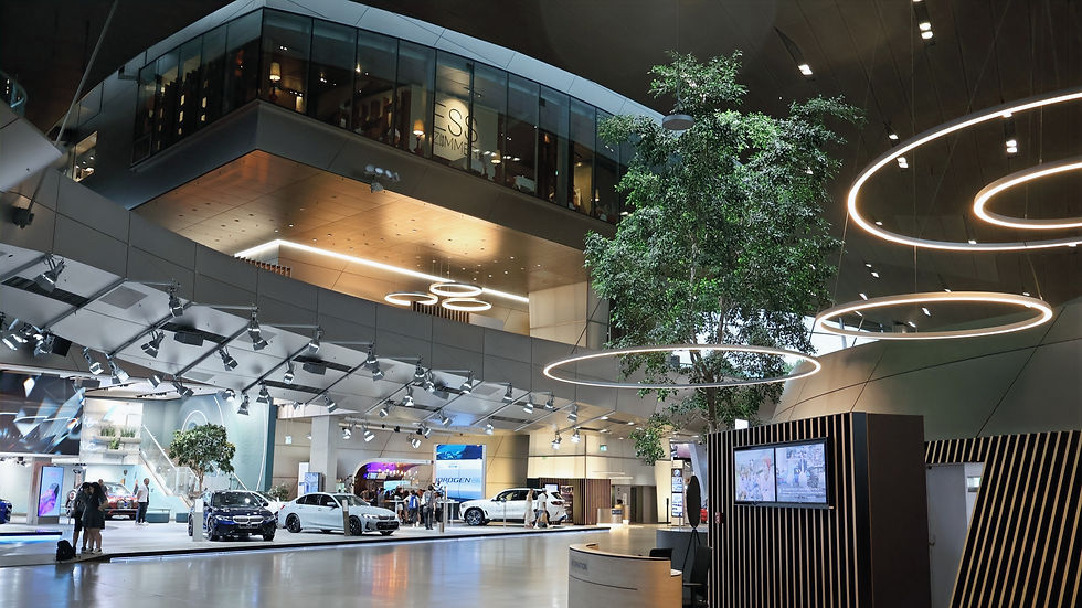 BMW World cwith cars, bikes, exorbidant lights