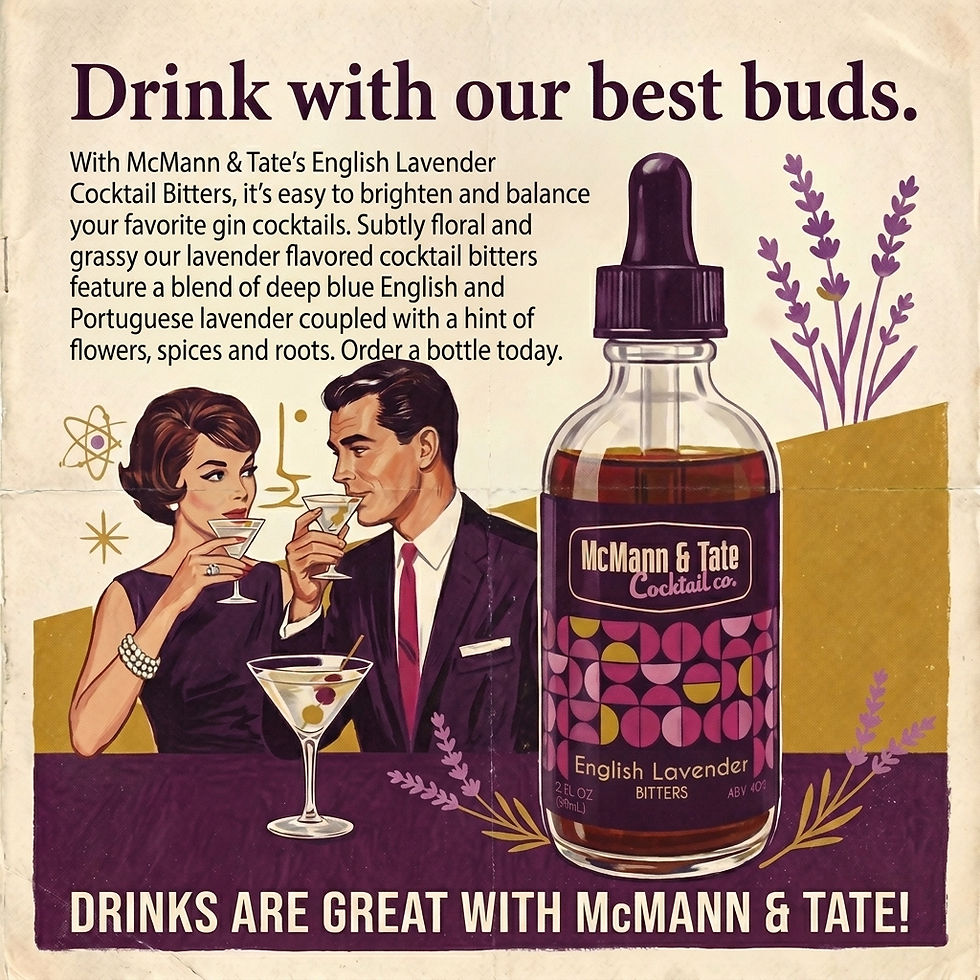 Thumbnail: 1960s style ad for English Lavender Cocktail Bitters