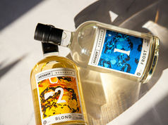 Photograph of two aquavit bottles