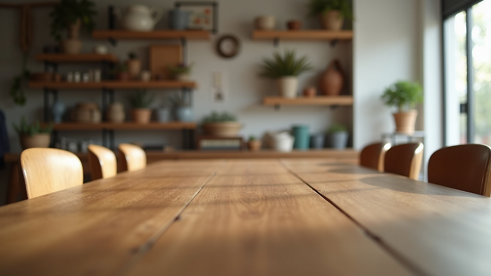 Eye-level view of a wooden dining table with chairs in a local furniture shop