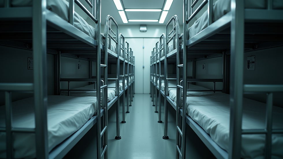 High angle view of a metal bunk bed with guardrails and ladder