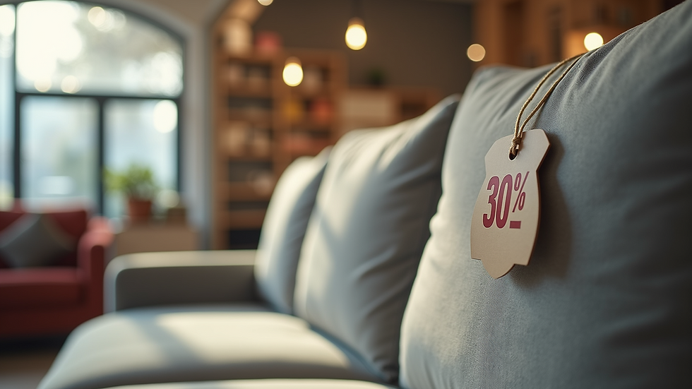 Close-up view of a price tag showing a discount on a sofa in a furniture store