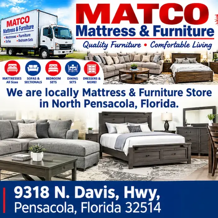 MATCO Mattress & Furniture ad with delivery truck, sofas and bedroom sets; store in North Pensacola, Florida, at 9318 N. Davis Hwy.