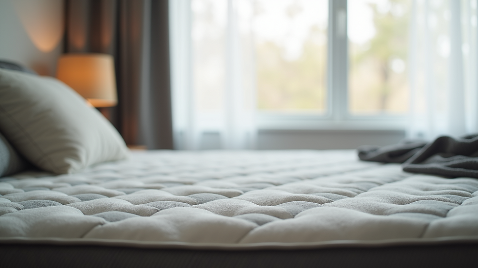Eye-level view of a modern orthopedic mattress in a bright bedroom