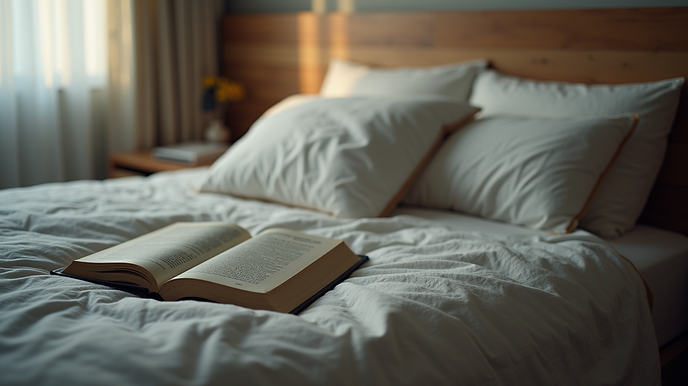 Close-up view of a bed with a quilt and a book on a nightstand