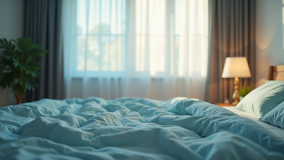 Eye-level view of a bedroom with soft lighting and cool color decor for relaxation