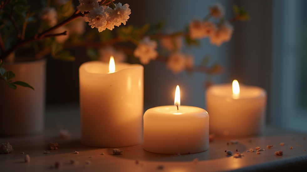 Close-up view of a tranquil evening setup with candles