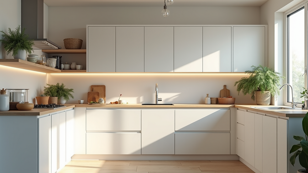 High angle view of a kitchen featuring shaker-style cabinets in a bright setting