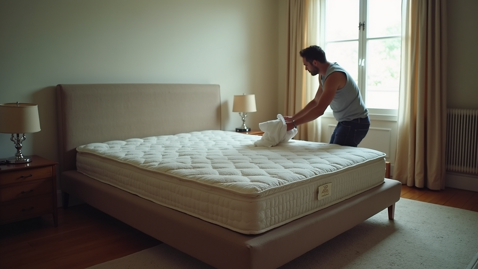 High angle view of old mattress being removed from bedroom