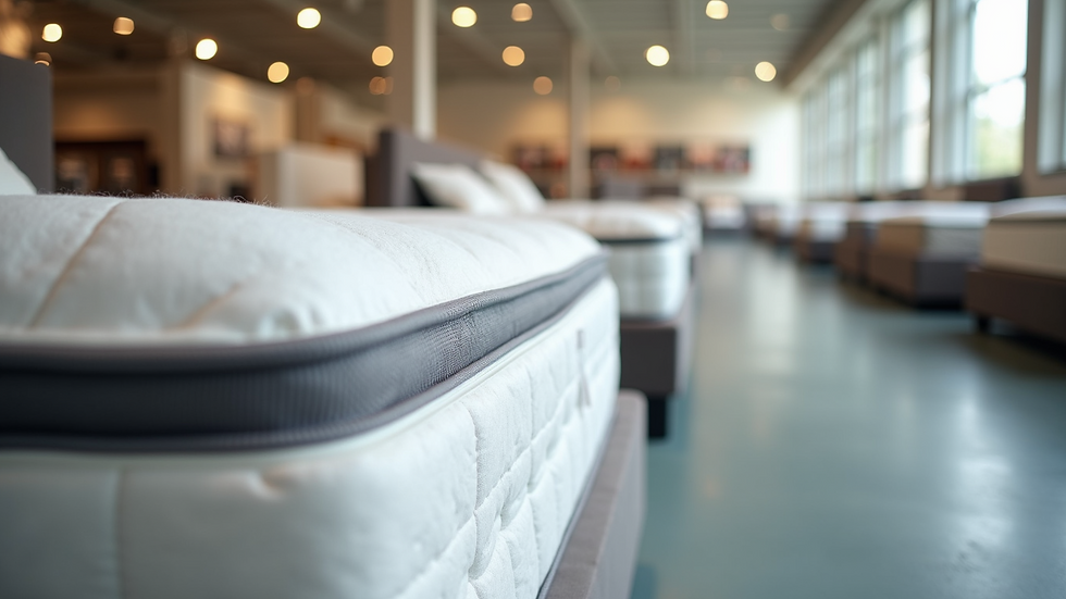 Eye-level view of a mattress showroom with various mattress models