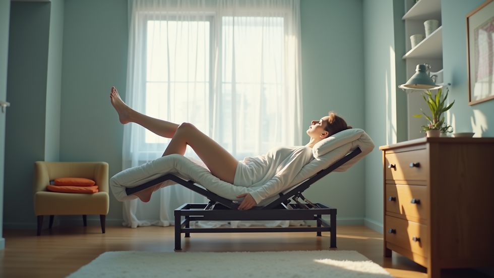 Eye-level view of adjustable bed with elevated legs and head