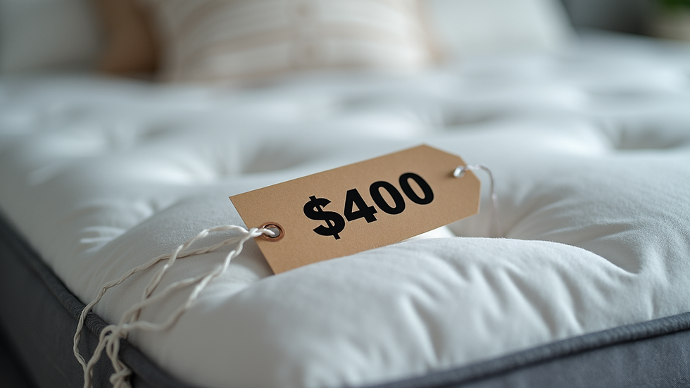 Close-up view of a price tag showing discounted mattress price