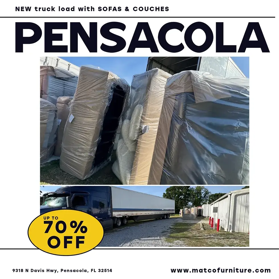 New truckload of sofas and couches wrapped in plastic outside a warehouse in Pensacola. Text: Pensacola, up to 70% off.
