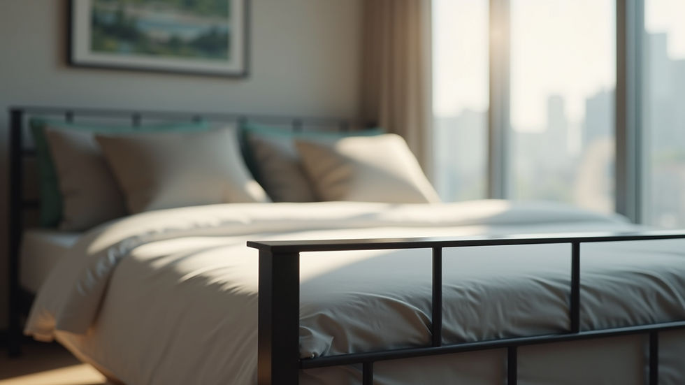 Close-up view of a metal bed frame with a minimalist design
