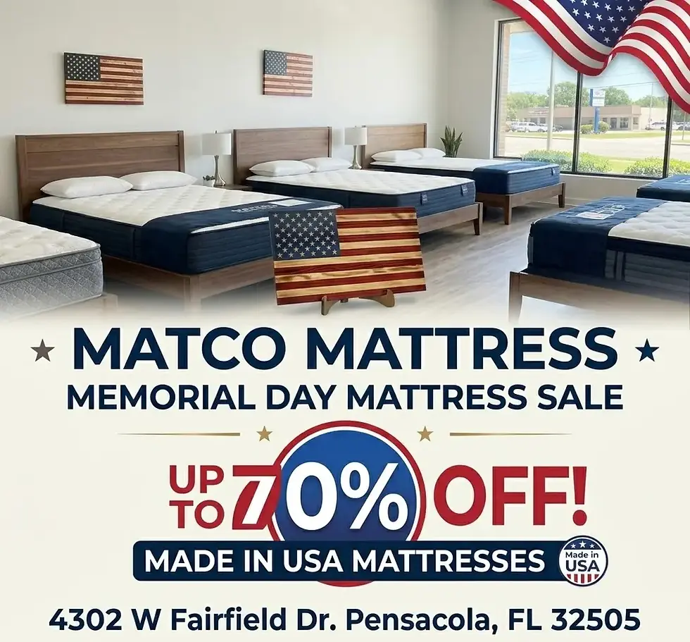Mattress showroom with American flags and be symbols. Text: "MATCO MATTRESS MEMORIAL DAY SALE, Up to 70% OFF, Made in USA." Address included.