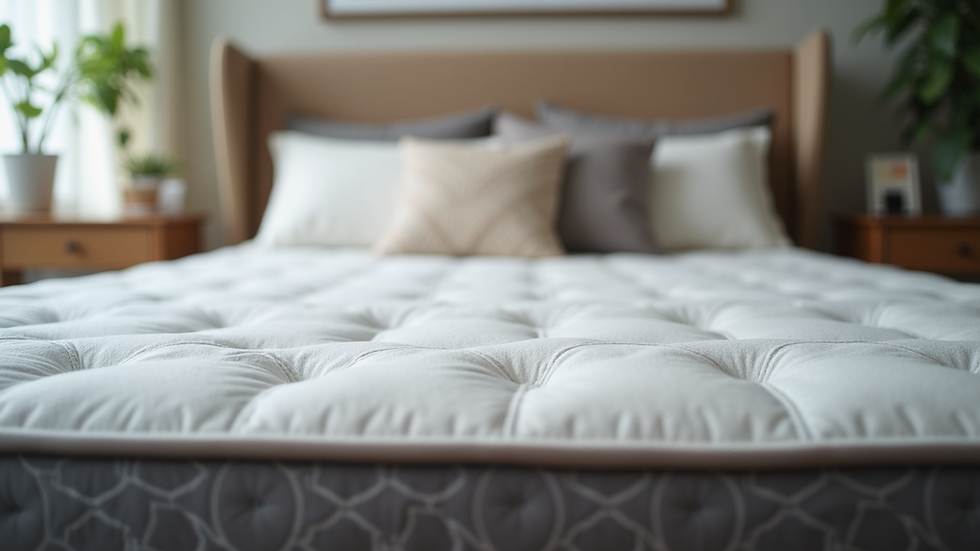 Eye-level view of a modern orthopedic mattress in a showroom