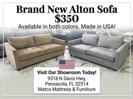 A stylish, brand-new Alton Sofa displayed in a modern living room setting, showcasing its clean lines and plush cushions. Available in Cozy Beige and Modern Gray, proudly made in the USA.