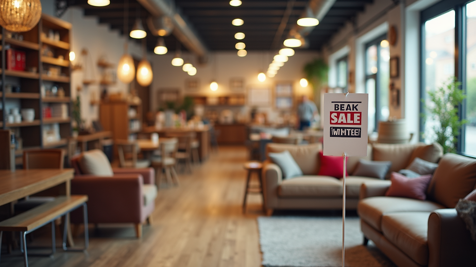 High angle view of a furniture store showroom with sale signs