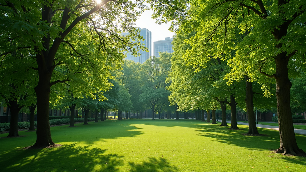 High angle view of a serene park with lush green trees