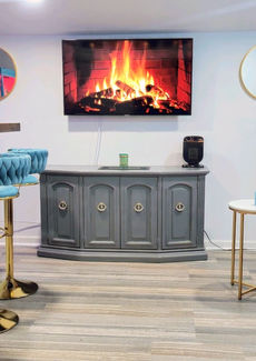 She-shed bar design, interior design, blue and orange decor ideas, bar styling, home bar ideas, home bar decor, bar stools, glam bar stools