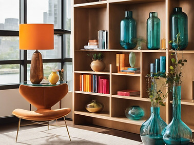 shelves with modern home decor vases books and colorful glass displayed in luxurious condo